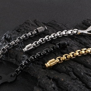 Detailed close-up of hip-hop box chain bracelets in silver, gold, and black steel tones