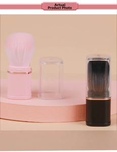 Pink and black retractable makeup brushes with square dust caps in open and closed views
