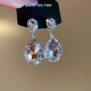 S925 silver water drop crystal pendant earrings set with elegant faceted glass stones