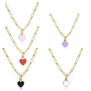Colorful enamel heart pendants on golden paperclip chains in pink, purple, red, black, and white