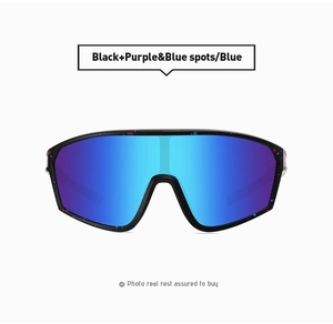 Detail of sports sunglasses featuring black frames with purple spots and blue mirrored lens