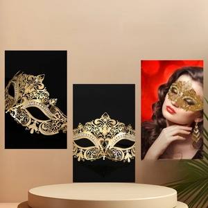 Detailed views of gold metal masquerade mask with hollow design and shiny rhinestones