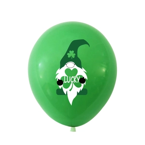 Close-up of green St. Patrick's Day balloon featuring a lucky gnome and clover design
