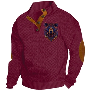 Men's dark red knit sweater with standing button collar and bear print pattern