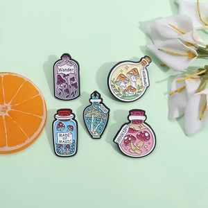 Fantasy mushroom potion bottle enamel pins set with magic quotes on green background