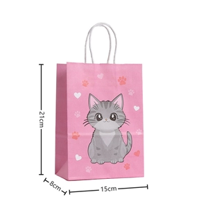 Pink cartoon cat gift bag dimensions showing 21cm height, 15cm width and 8cm depth