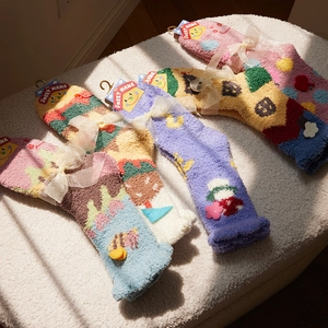 Five pairs of cozy coral fleece cartoon socks with bows and cute bee floral decorations
