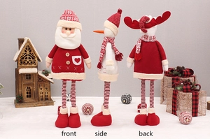 Front side and back views of knitted Christmas gnome plush dolls featuring Santa and reindeer