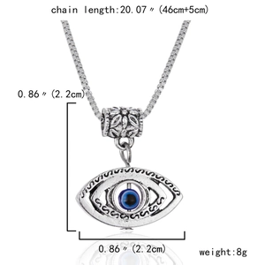 Detailed view of evil eye pendant necklace with 20.07 inch chain length and weight specs