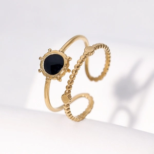 Adjustable golden double-layer stainless steel ring with black round element inlay