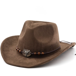 Western Cowboy Hat Faux Suede Polyester Retro Wide Brim Bull Skull Beaded Band Ethnic Style For Men Women Outdoor Riding