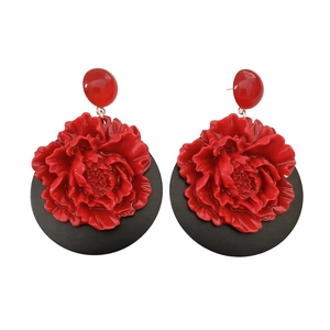 Vintage oversized red wooden flower drop earrings with a stylish ethnic floral design