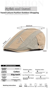 Detailed size chart and side view of embroidery on a khaki color block beret hat