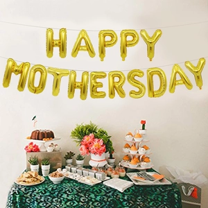 Golden 16-inch Happy Mothers Day foil balloon set hanging over a festive party table