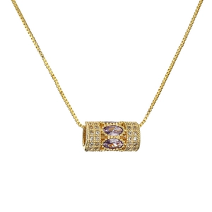 Gold plated cylinder pendant necklace with micro pave zircons and purple gems