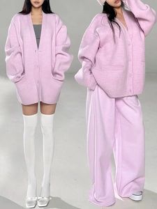 Lavender knit set with V-neck button cardigan and high-waist wide-leg pants for women