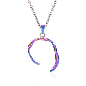 Detailed macro view of an irregular curved pendant with a rainbow gradient finish