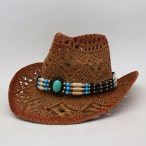 Western Cowboy Straw Hat Hollow Out Wide Brim Summer Beach Sun Hat With Ethnic Turquoise Beaded Band For Men Women