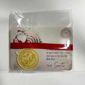 Detail of Christmas Santa reward kit with wooden card, red ribbon, and gold medal in pack