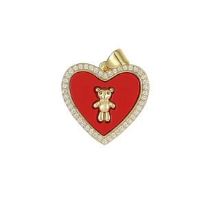Golden heart pendant with red inlay, centered teddy bear and sparkling crystal border