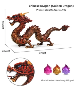 Detailed view of golden Chinese dragon model with dimensions and colorful fireball accessories