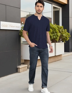 Detail of navy blue V-neck t-shirt with striped texture and single chest pocket for men