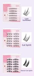 Detail view of self-adhesive cluster eyelashes in sunflower and cat fairy styles