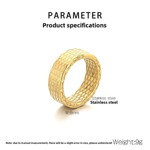 Macro shot of 8mm wide golden stainless steel ring featuring a mesh woven texture