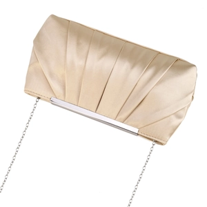 Detail of champagne pleated satin clutch with silver metal frame and chain strap