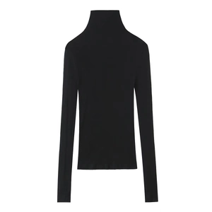 Flat lay of a black turtle-neck long sleeve slim fit top on a white background