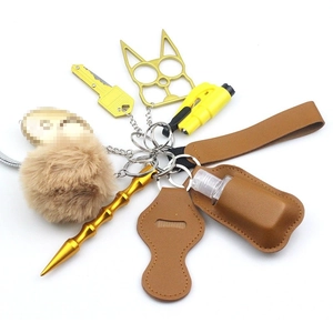 Detailed set of security keychains featuring various protective accessories and tools