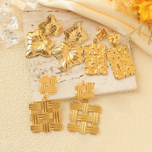 Vintage Geometric Woven Stainless Steel Dangle Earrings Women Gold Plated Retro Chunky Minimalist Jewelry Accessory