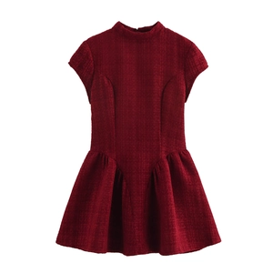 Robe Courte Élégante En Tweed De Polyester Dos Nu Manches Courtes Col Montant Silhouette Trapèze Bordeaux