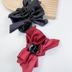 Elegant French style large satin bow hair clips in classic black and burgundy wine colors