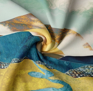 Detailed macro view showing the soft fabric texture and abstract mountain print of the tapestry