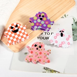 Lot de pinces à cheveux fantômes Halloween avec motif à damier orange et fleurs