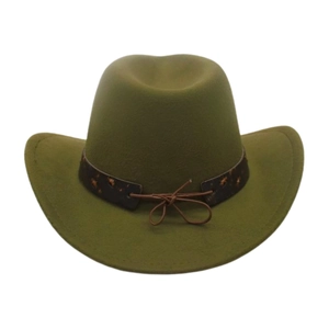 Detail of army green felt jazz hat with brown patterned band and leather cord knot