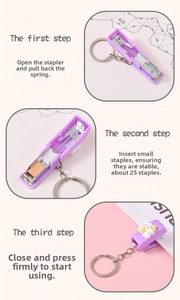 Detailed steps showing how to load staples into the cute purple cloud mini stapler