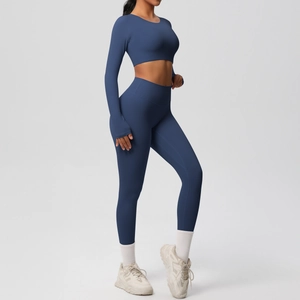 Detail view of navy blue yoga set featuring thumb holes and high waist compression leggings