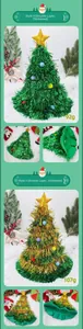 Close-up of double-layered green tinsel Christmas tree party hat with star and ornaments