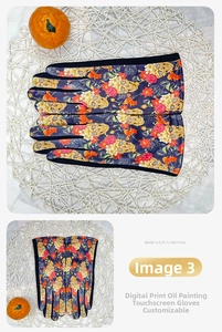 Detailed view of touch screen floral oil painting gloves with warm suede material