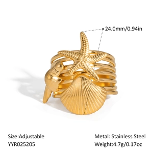 Détail macro de la bague océan ajustable avec étoile de mer et coquillage en acier