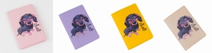 Colorful PU leather passport covers in pink, purple, yellow, and beige with cartoon dogs