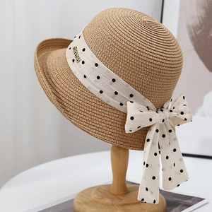 Elegant Woven Straw Sun Hat For Women Large Brim Polka Dot Ribbon Bow French Style Summer Beach Breathable