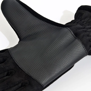 Detail of winter gloves showing anti-slip palm texture and premium suede material