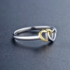 Polished S925 sterling silver two-tone intertwined heart ring for women