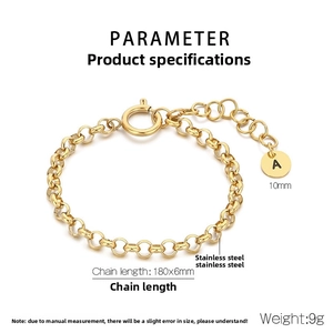 Detail view of gold stainless steel 180mm chain bracelet with 10mm letter A pendant