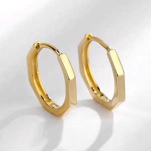 Polished gold S925 silver hexagonal hoop earrings for women with minimalist design