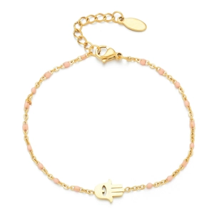 Detailed shot of golden Hamsa hand bracelet with delicate pink beads and lobster clasp