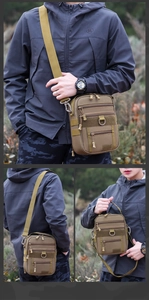 Detail of khaki tactical shoulder bag featuring MOLLE system and multiple storage pockets